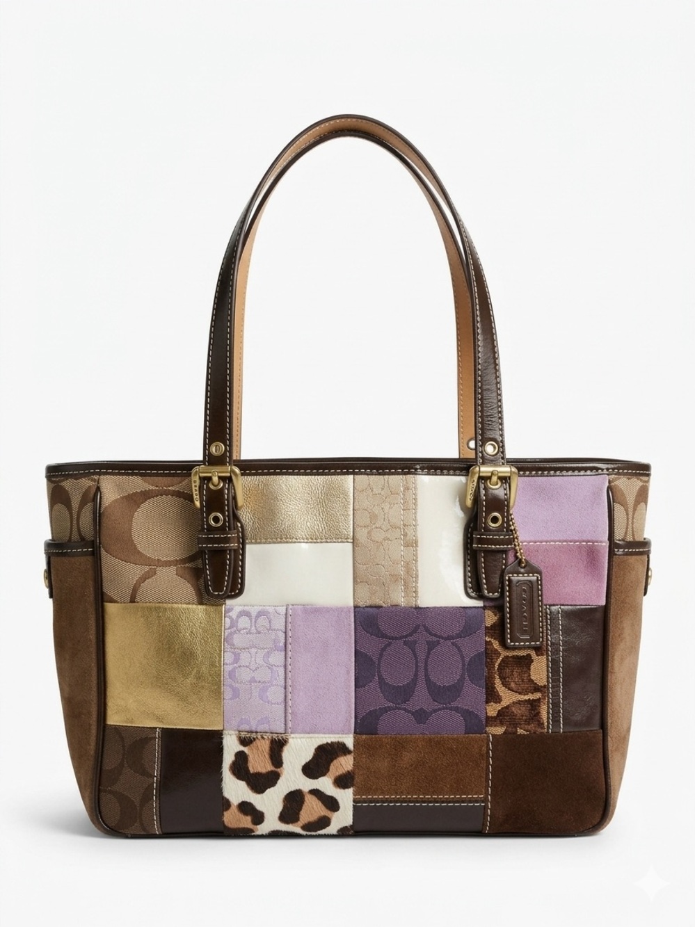 Coach Patchwork Leather Tote Bag in Brown & Purple